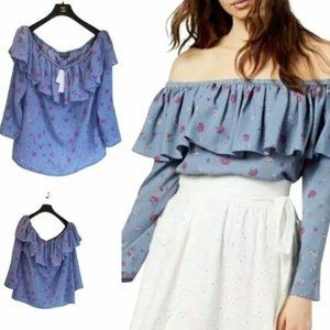 Jill Stuart Top Womens XL Off The Shoulder Floral Blue Stretch Cottagecore